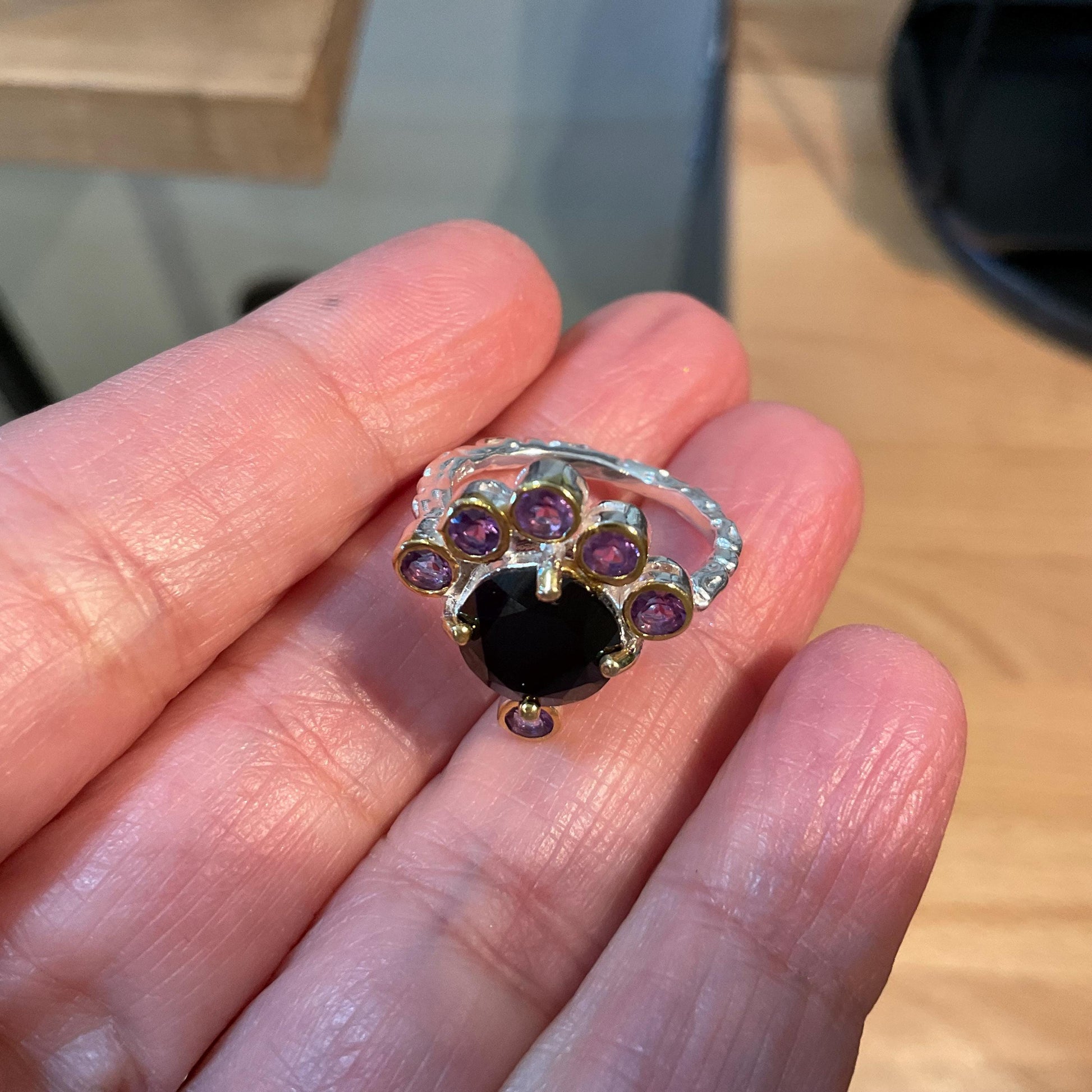Sterling Silver Handmade natural black spinel amethyst ring 5 Colors Of Etnika