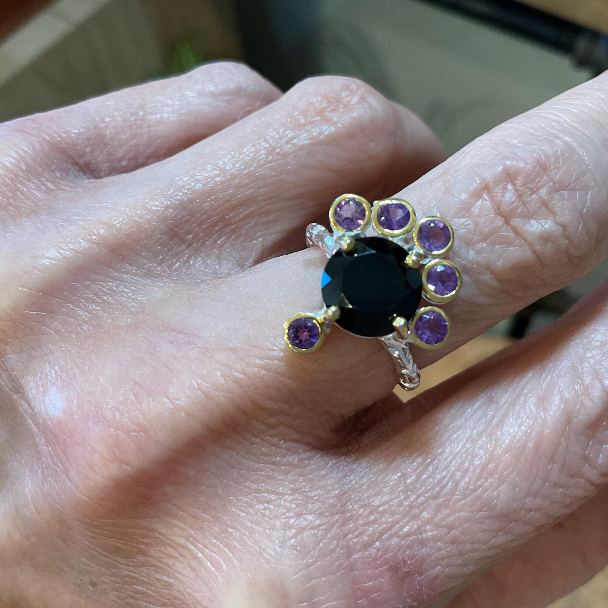 Sterling Silver Handmade natural black spinel amethyst ring 5 Colors Of Etnika