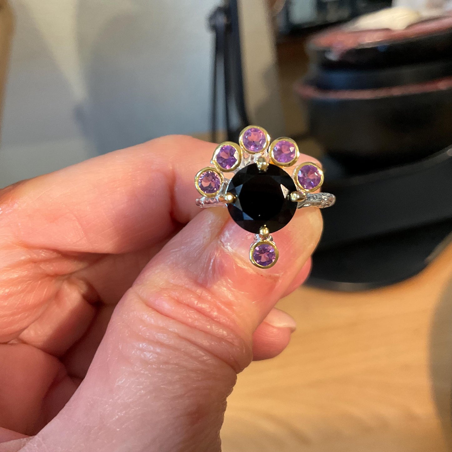 Sterling Silver Handmade natural black spinel amethyst ring 5 Colors Of Etnika