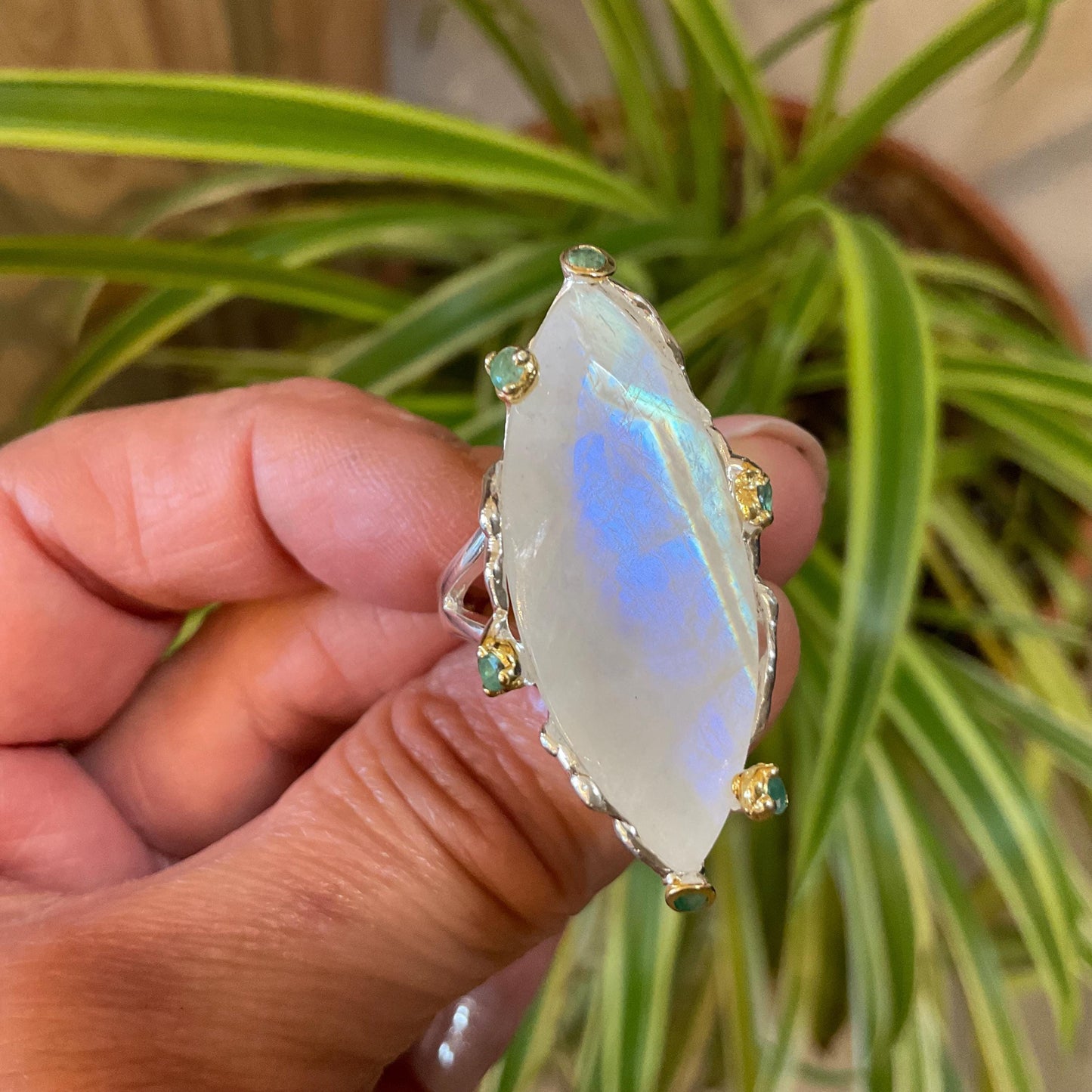 Sterling silver natural moonstone Marquis emerald ring 8.5 Colors Of Etnika