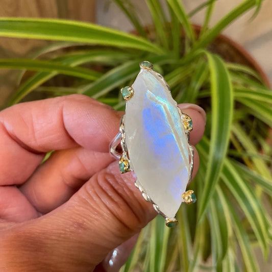 Sterling silver natural moonstone Marquis emerald ring 8.5