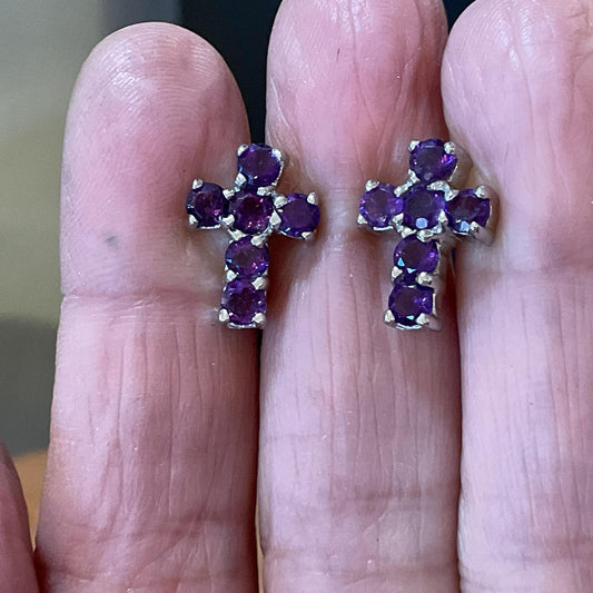 Sterling Silver  Natural amethyst Post cross earrings