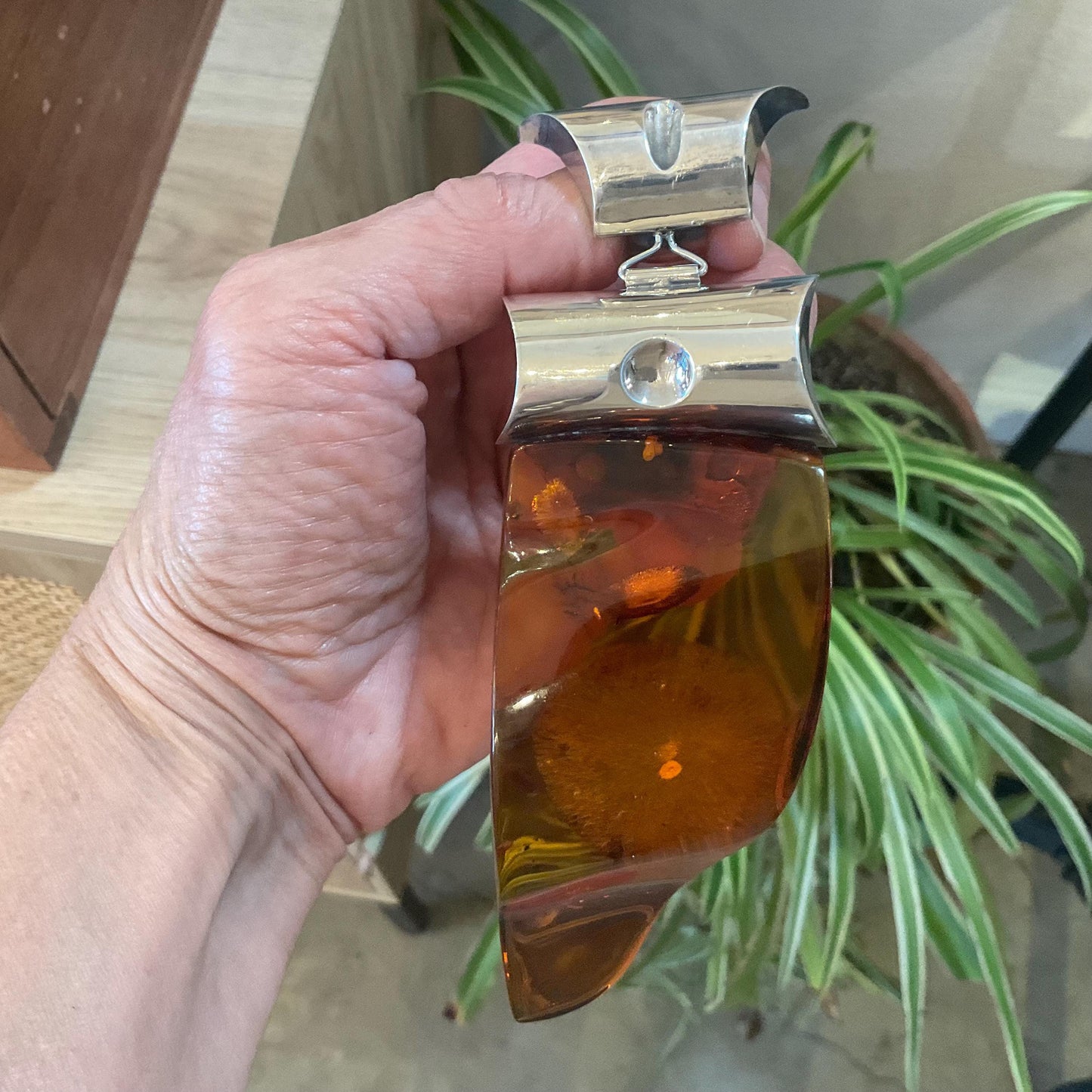 amber pendant oversized  modernist huge sterling silver