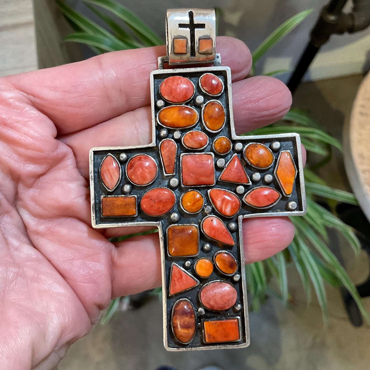 sterling silver spiny oyster and coral Oversize cross Pendant Colors Of Etnika