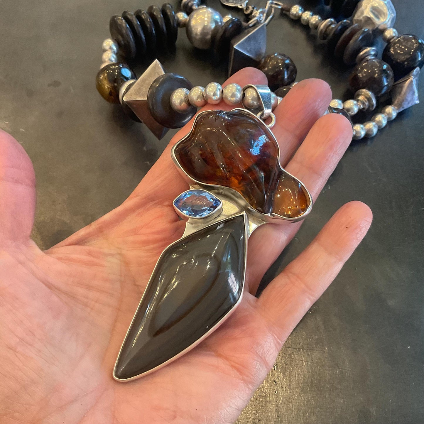 Obsidian sterling silver amber pendant long necklace Colors Of Etnika