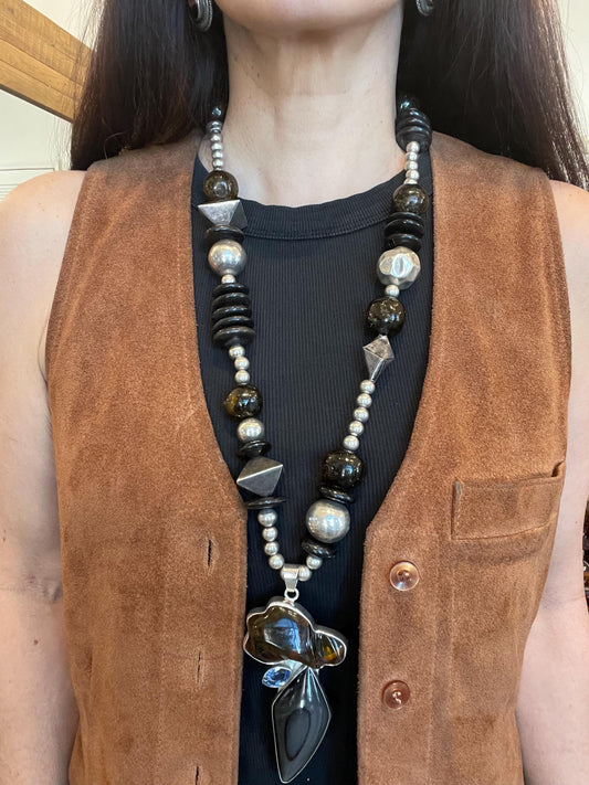 Obsidian sterling silver amber pendant long necklace