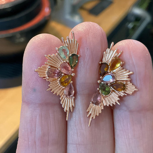 Sterling silver multi color tourmaline rose gold  stud earrings