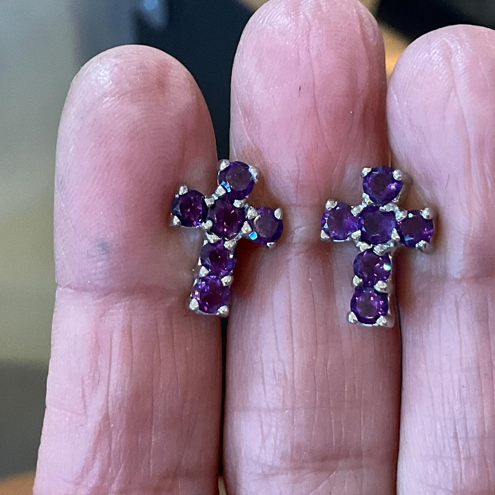Sterling Silver  Natural amethyst Post cross earrings Colors Of Etnika