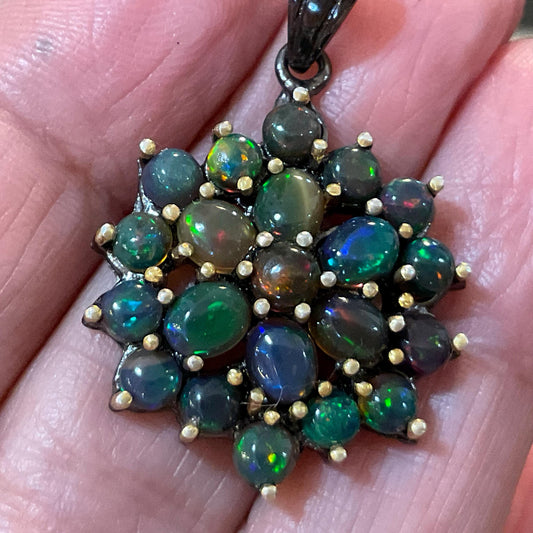sterling silver Natural black fire opal cluster pendant
