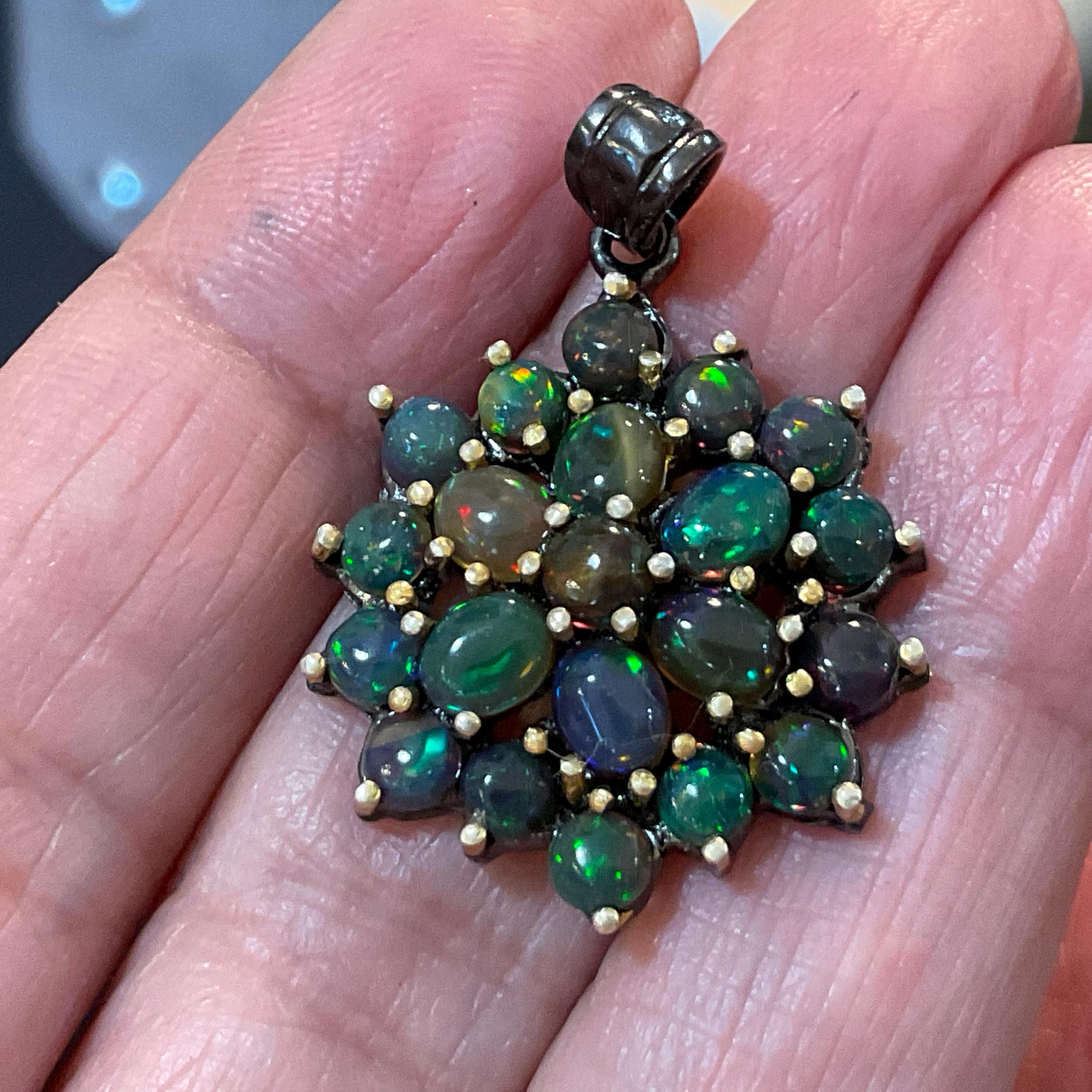 sterling silver Natural black fire opal cluster pendant Colors Of Etnika