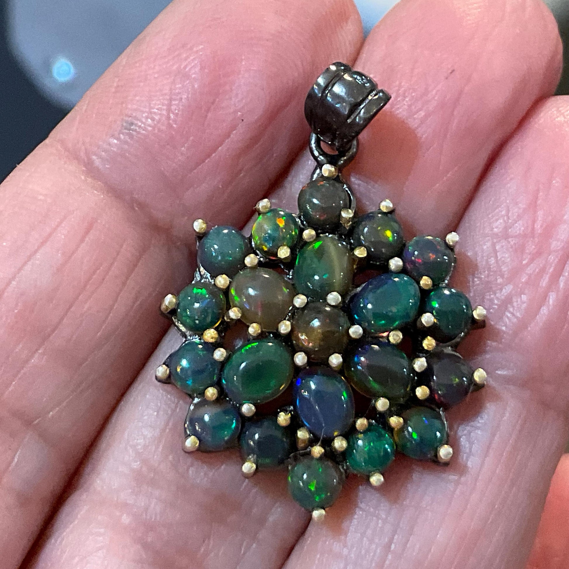 sterling silver Natural black fire opal cluster pendant Colors Of Etnika