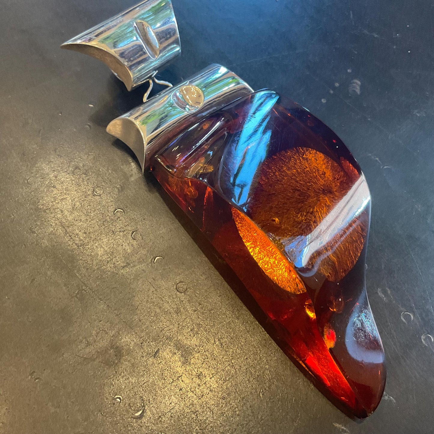 amber pendant oversized  modernist huge sterling silver