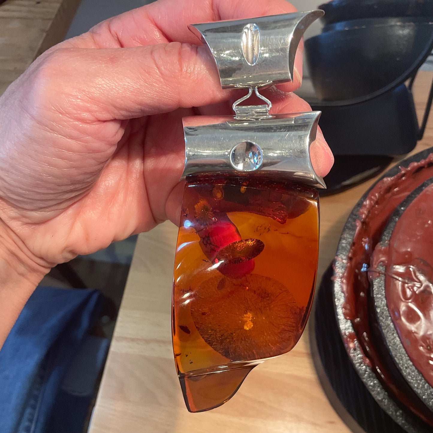amber pendant oversized  modernist huge sterling silver