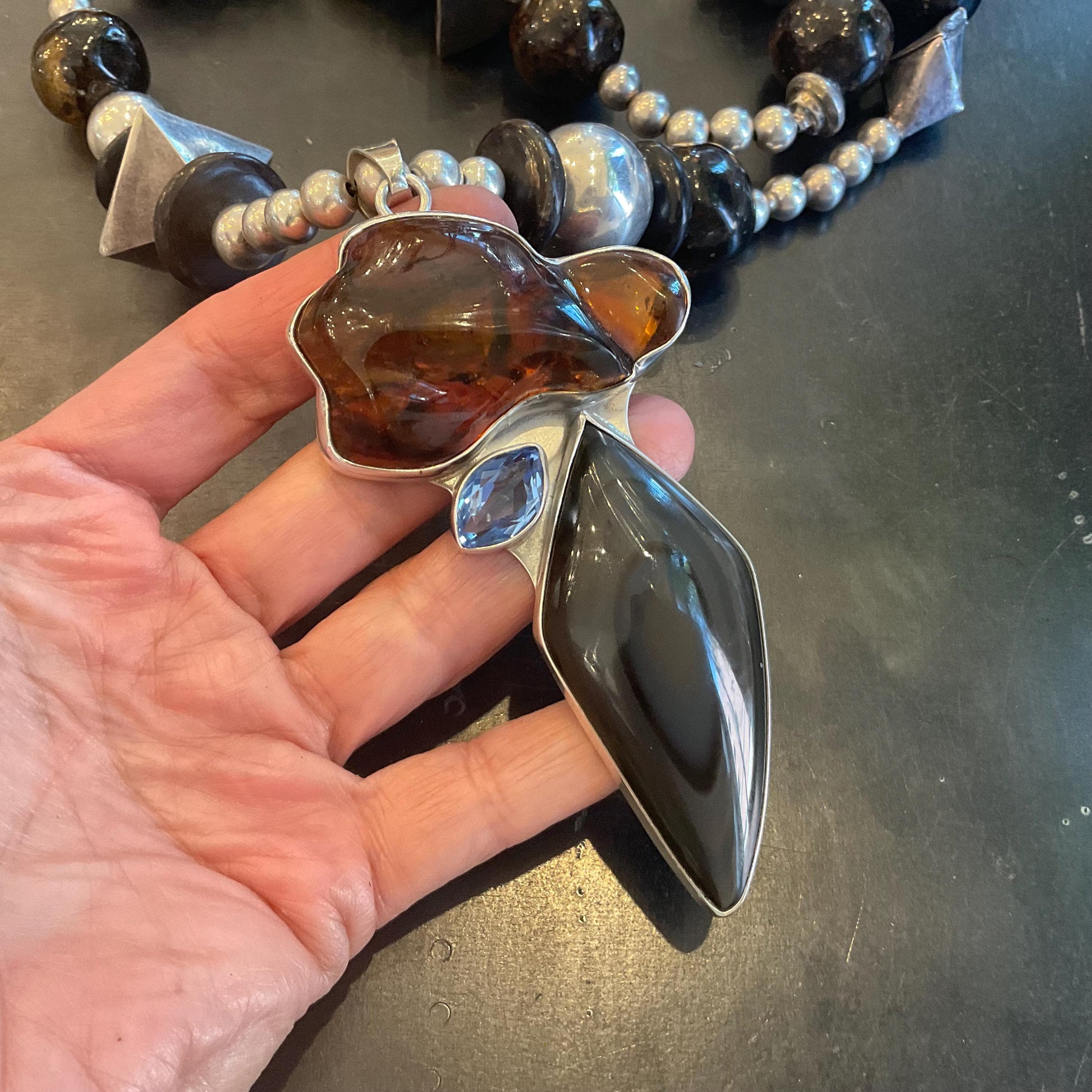 Obsidian sterling silver amber pendant long necklace Colors Of Etnika