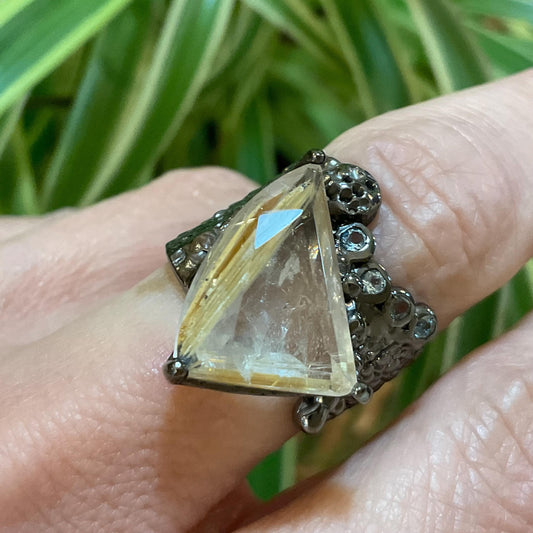 Sterling silver natural golden rutile quartz topaz  band ring 7