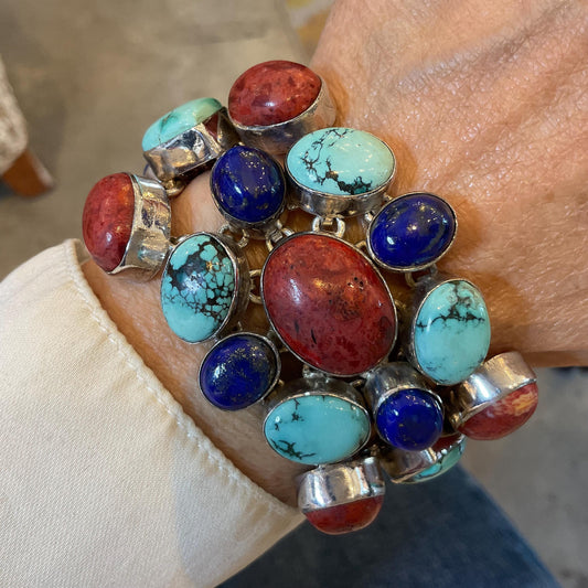 sterling silver statement coral turquoise lapis lazuli Bracelet