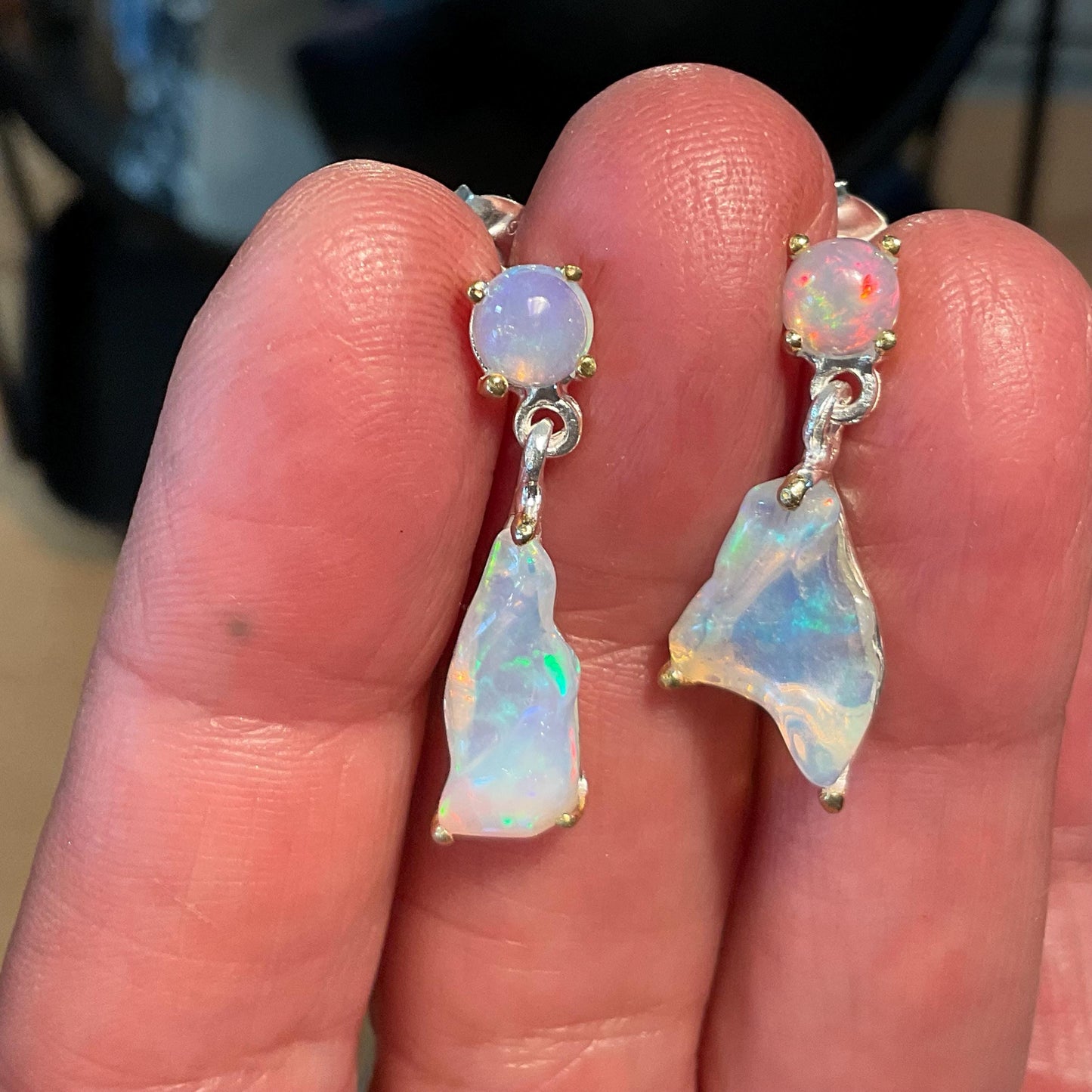 Sterling Silver Natural rough rainbow Opal dangle earrings Colors Of Etnika