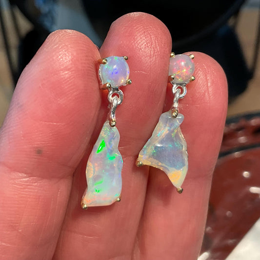 Sterling Silver Natural rough rainbow Opal dangle earrings