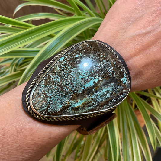 sterling silver oversize turquoise leather bracelet