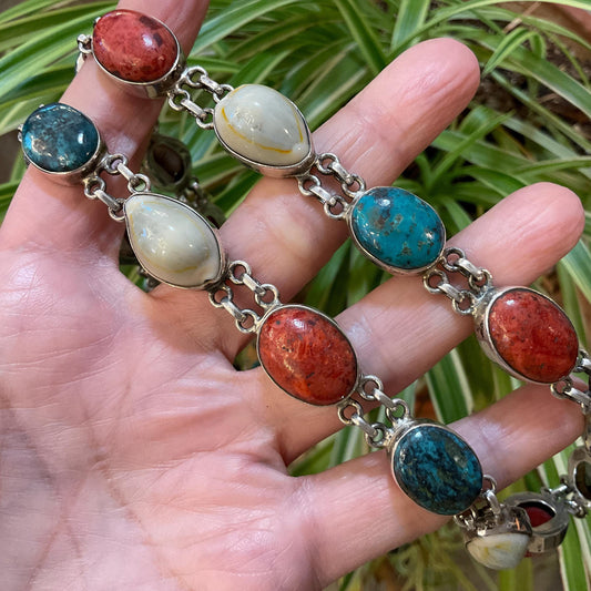 Sterling Silver Turquoise red coral Statement Necklace