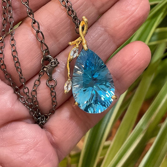 Sterling silver large blue topaz pear shape pendant with necklace
