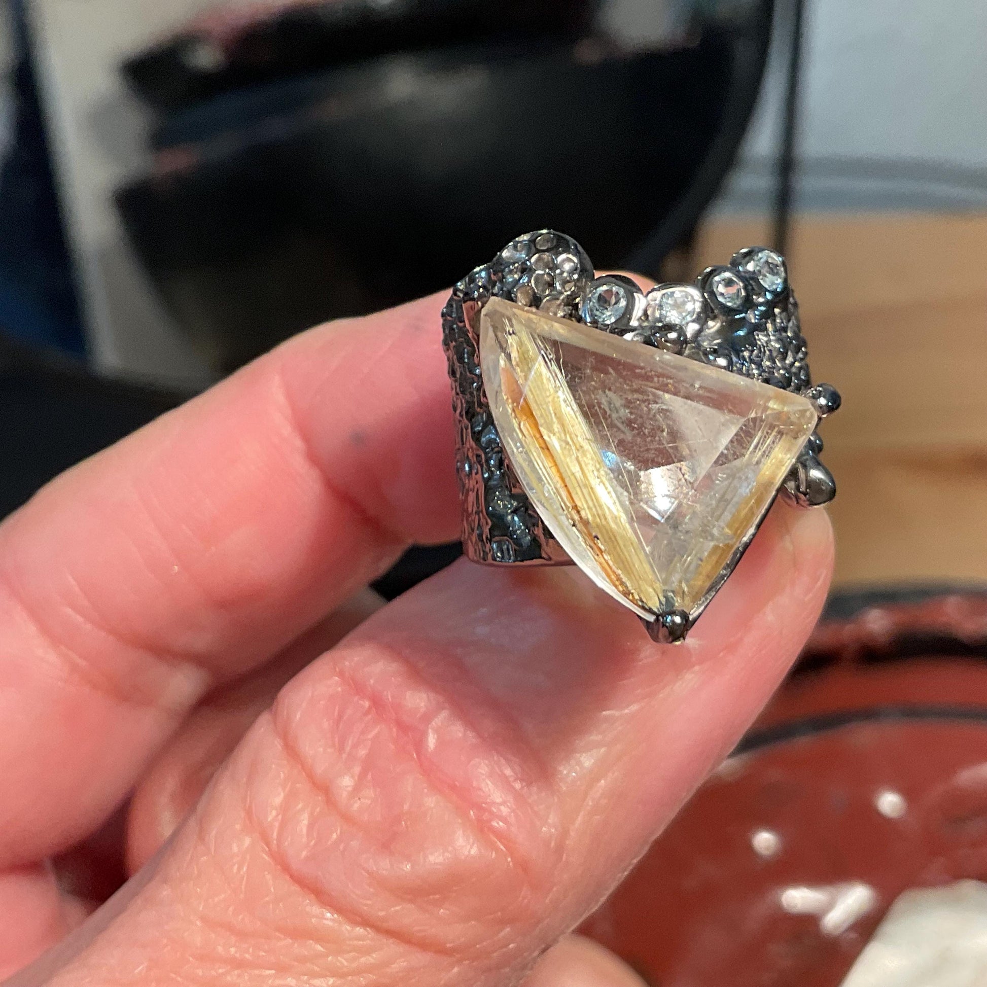 Sterling silver natural golden rutile quartz topaz  band ring 7 Colors Of Etnika