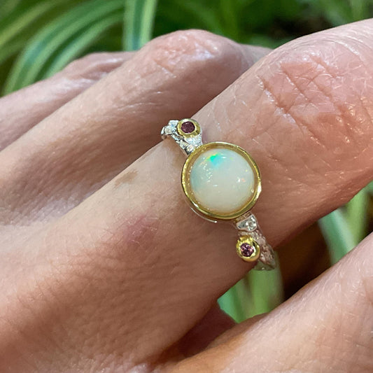 Sterling Silver rainbow Opal Rhodolite Ring 7
