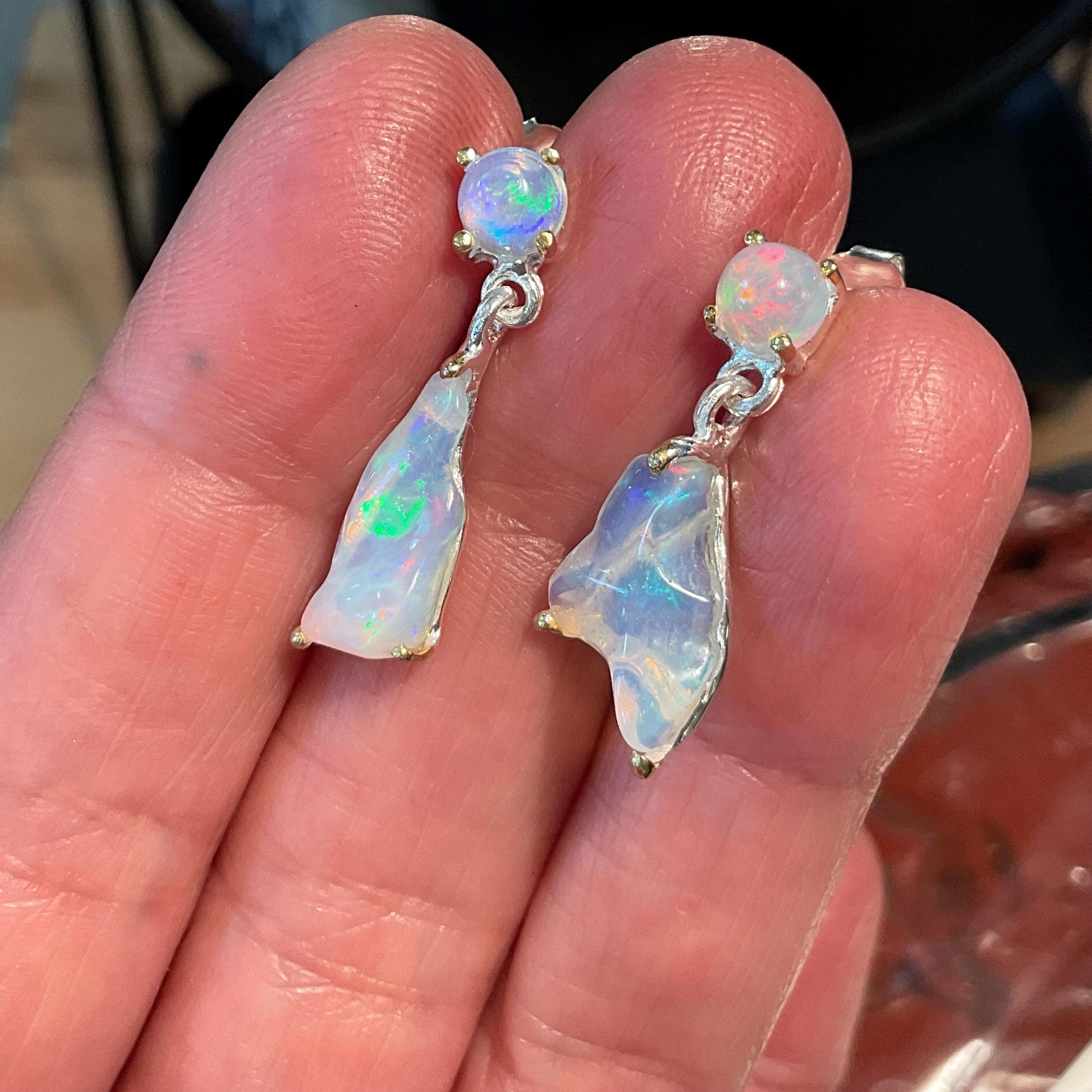Sterling Silver Natural rough rainbow Opal dangle earrings Colors Of Etnika