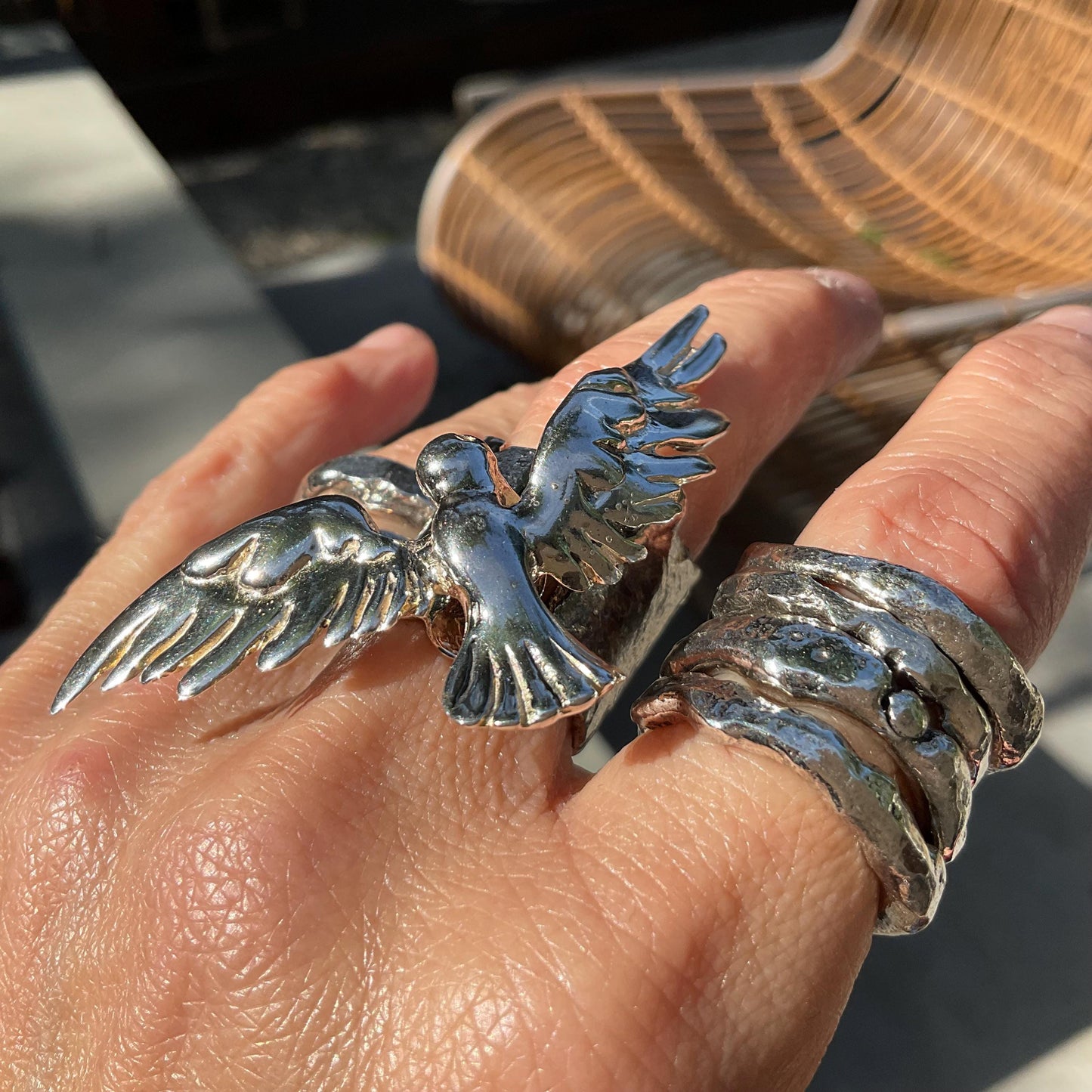 Sterling Statement dove of peace wings cuff ring 7-9 Colors Of Etnika