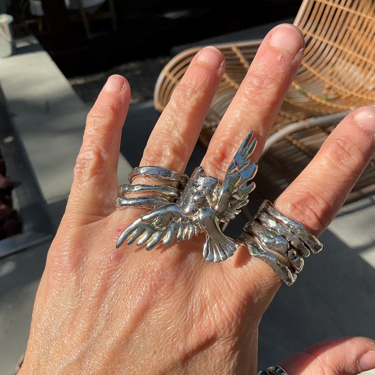 Sterling Statement dove of peace wings cuff ring 7-9 Colors Of Etnika