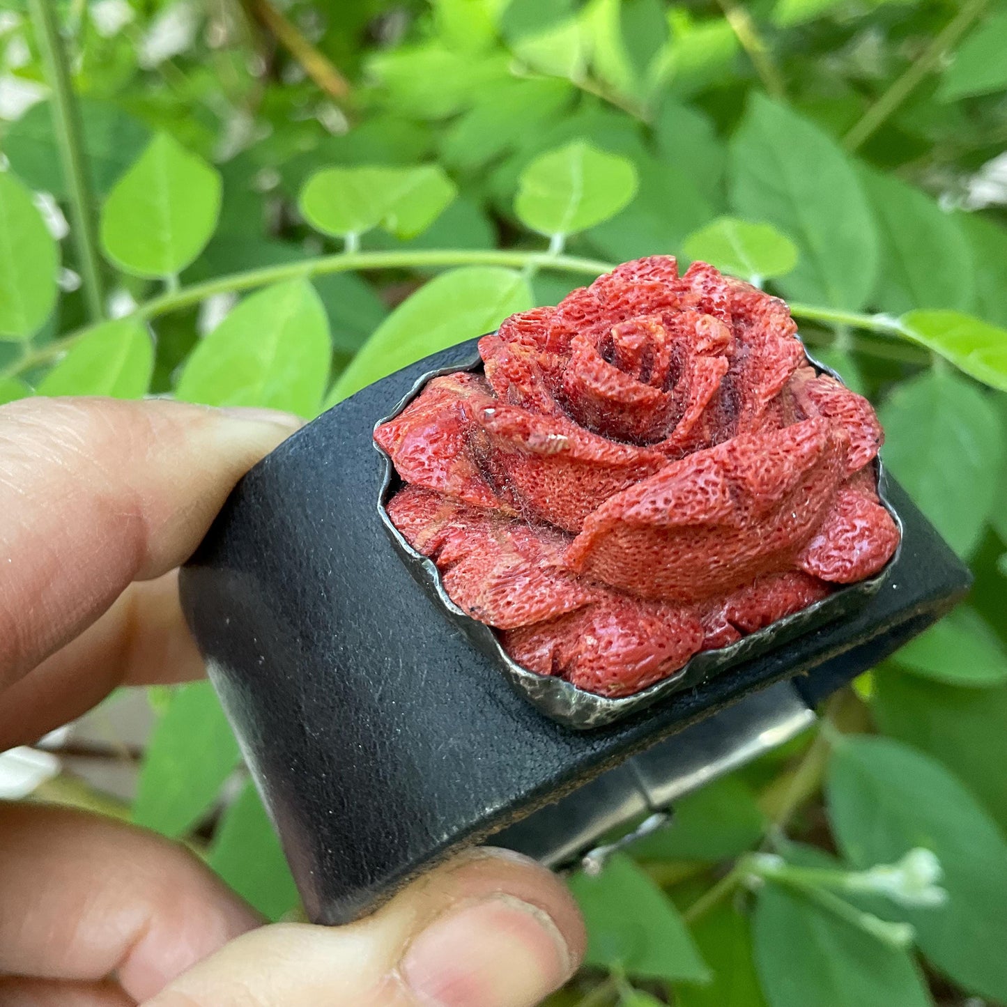 sterling silver red rough carved coral rose leather bracelet Colors Of Etnika