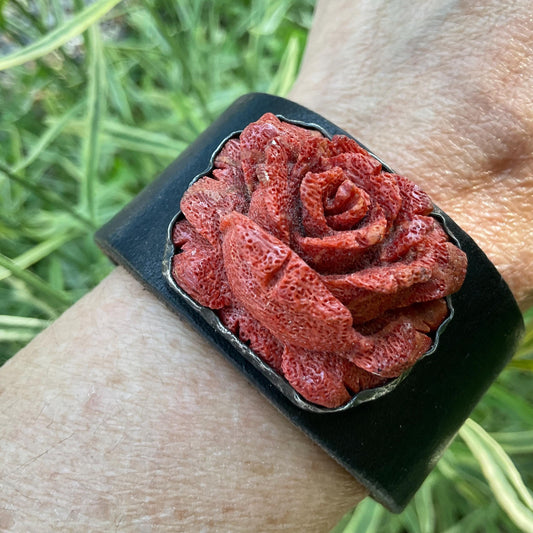 sterling silver red rough carved coral rose leather bracelet
