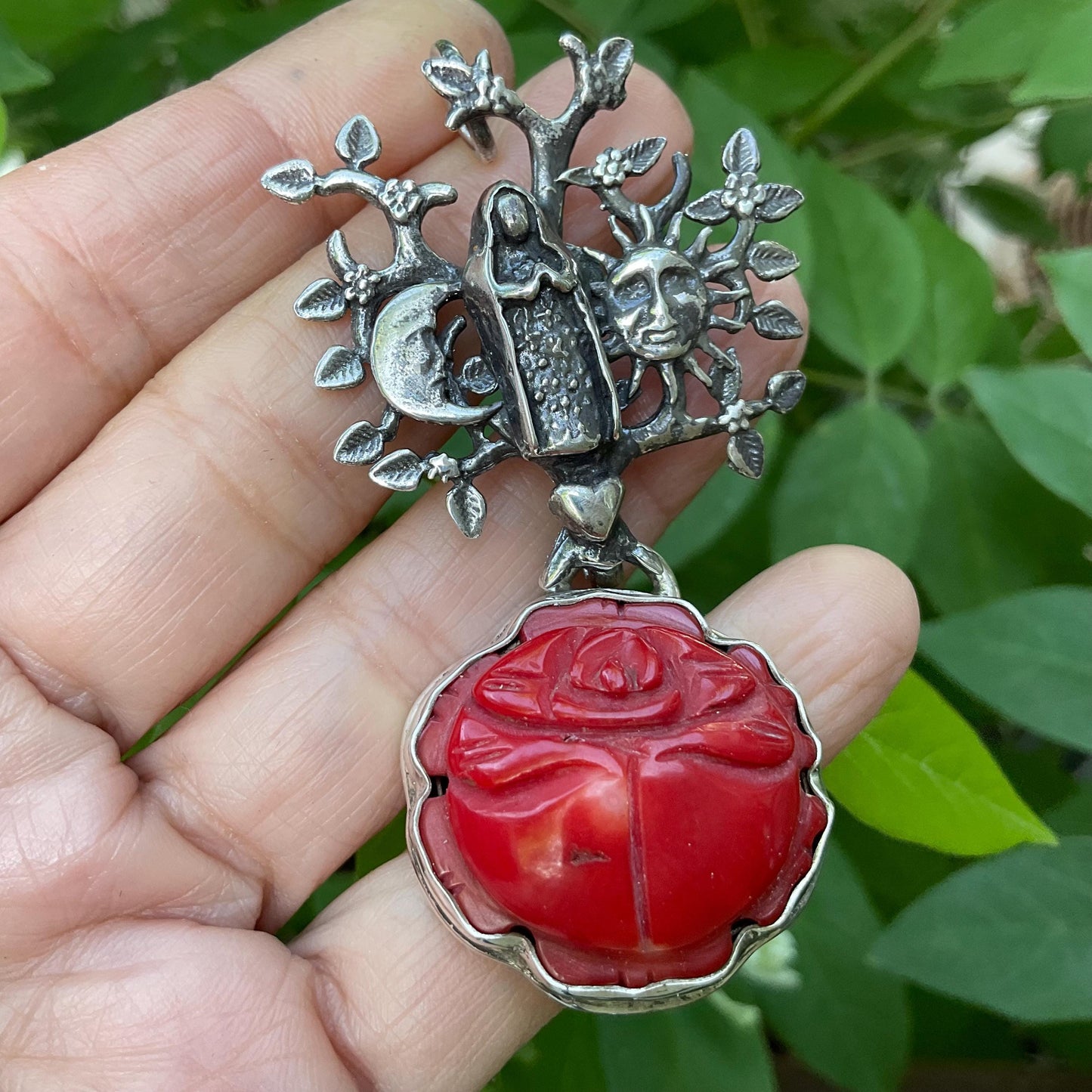 Sterling Silver Madonna Guadalupe rose coral pendant Colors Of Etnika