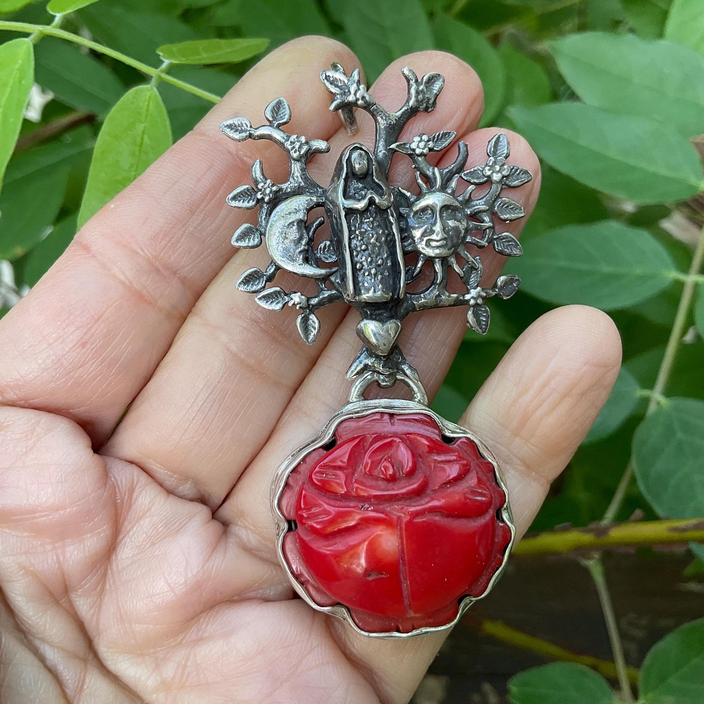 Sterling Silver Madonna Guadalupe rose coral pendant Colors Of Etnika