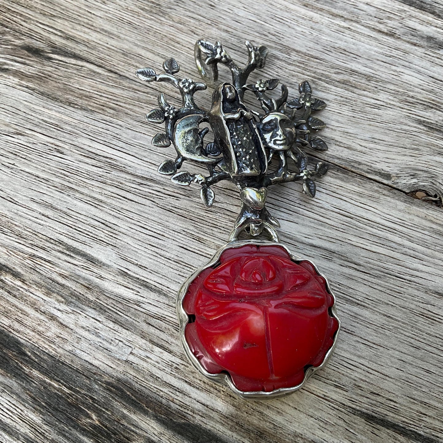 Sterling Silver Madonna Guadalupe rose coral pendant Colors Of Etnika