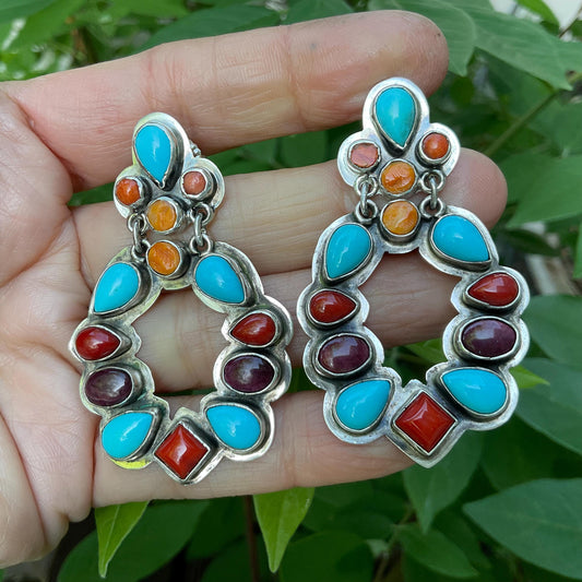 Sterling Silver coral Spiny oyster turquoise dangle earrings