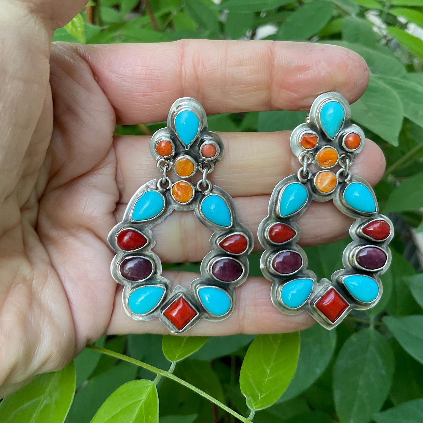 Sterling Silver coral Spiny oyster turquoise dangle earrings Colors Of Etnika