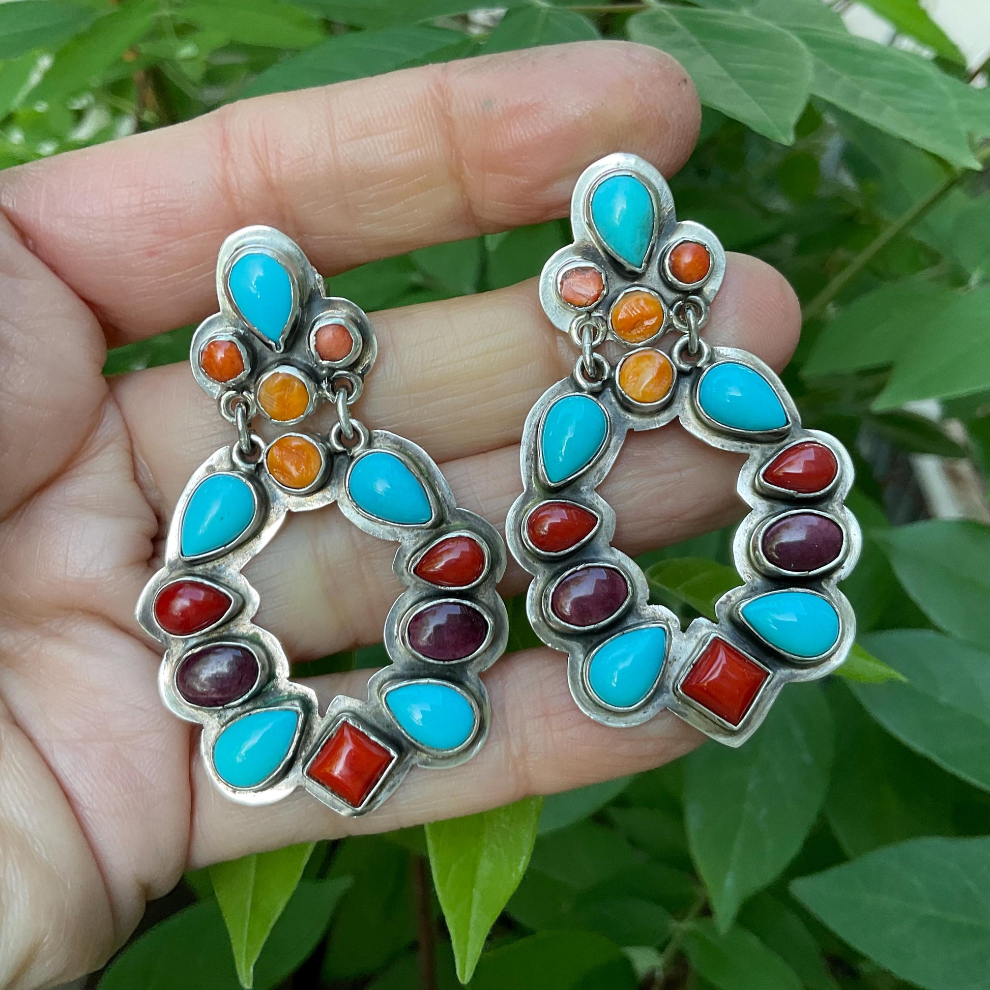 Sterling Silver coral Spiny oyster turquoise dangle earrings Colors Of Etnika