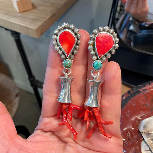Sterling Silver etnika statement coral turquoise long earrings
