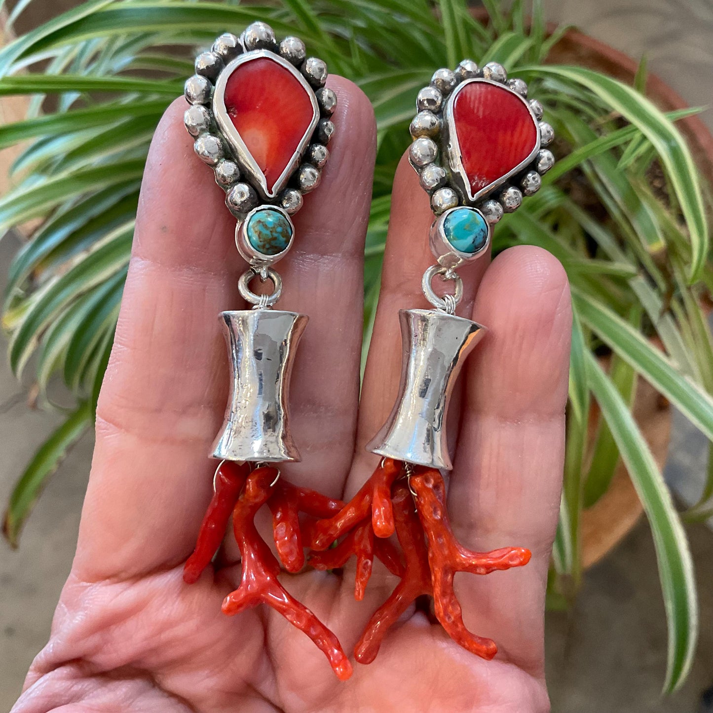 Sterling Silver etnika statement coral turquoise long earrings Colors Of Etnika