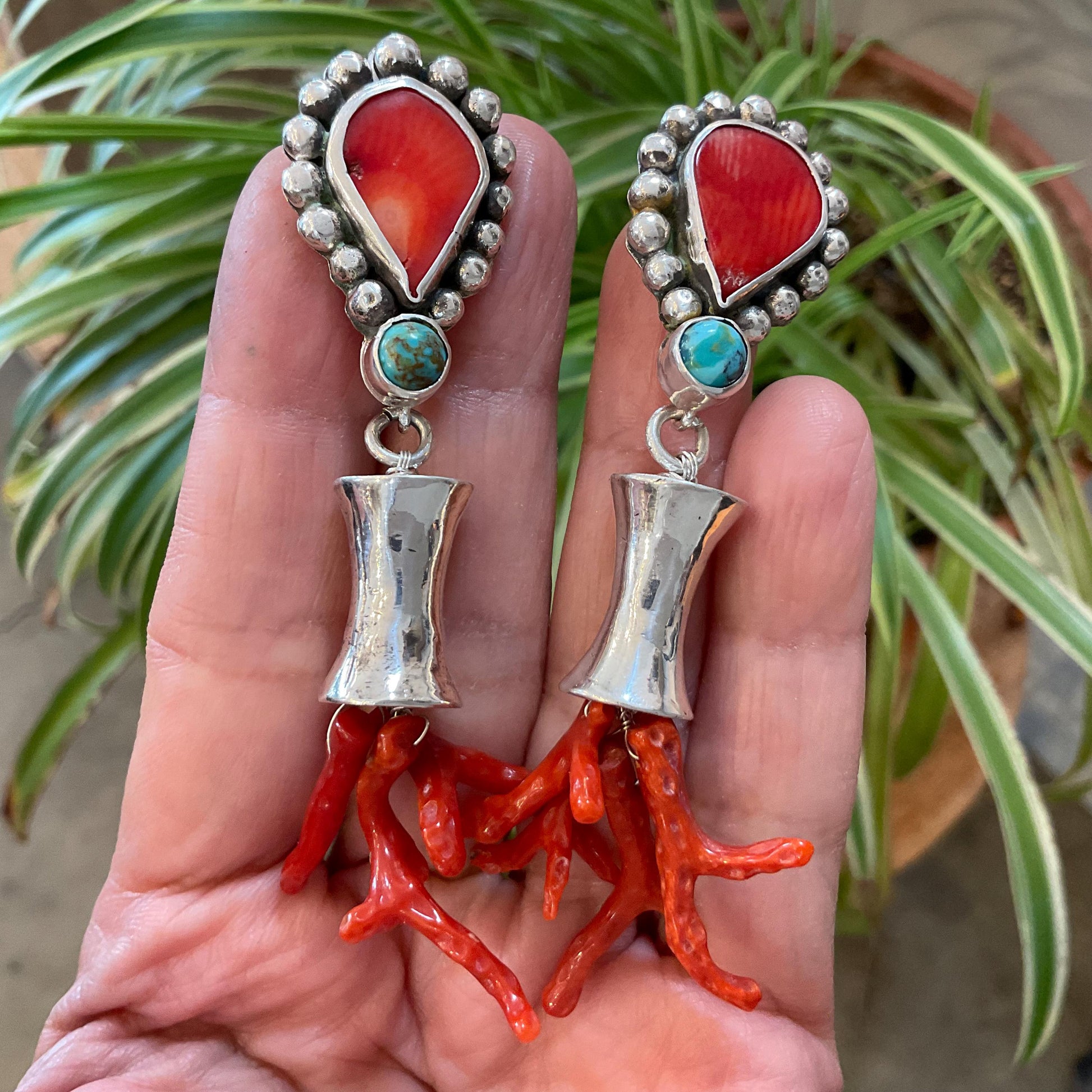 Sterling Silver etnika statement coral turquoise long earrings Colors Of Etnika