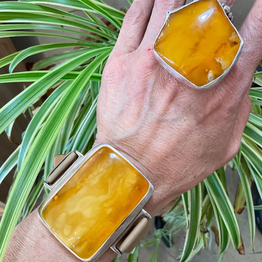 sterling silver Baltic Amber butterscotch leather bracelet