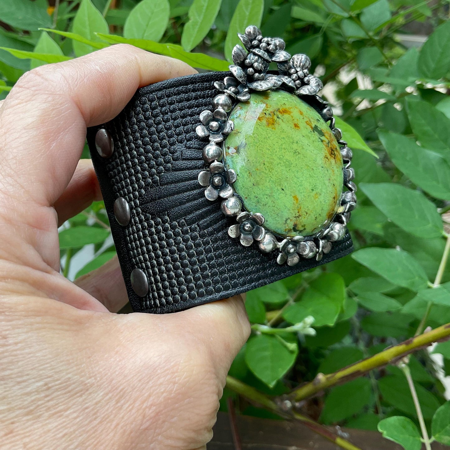 sterling silver turquoise upcycle leather bracelet cuff Colors Of Etnika