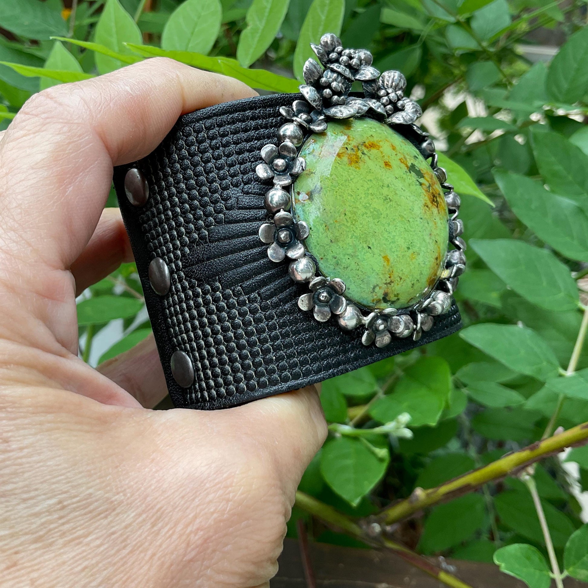 sterling silver turquoise upcycle leather bracelet cuff Colors Of Etnika