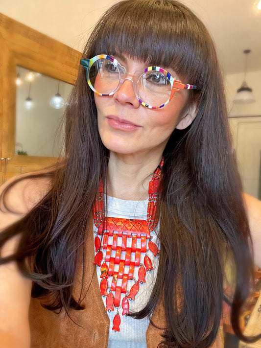 Red bamboo coral bib statement necklace