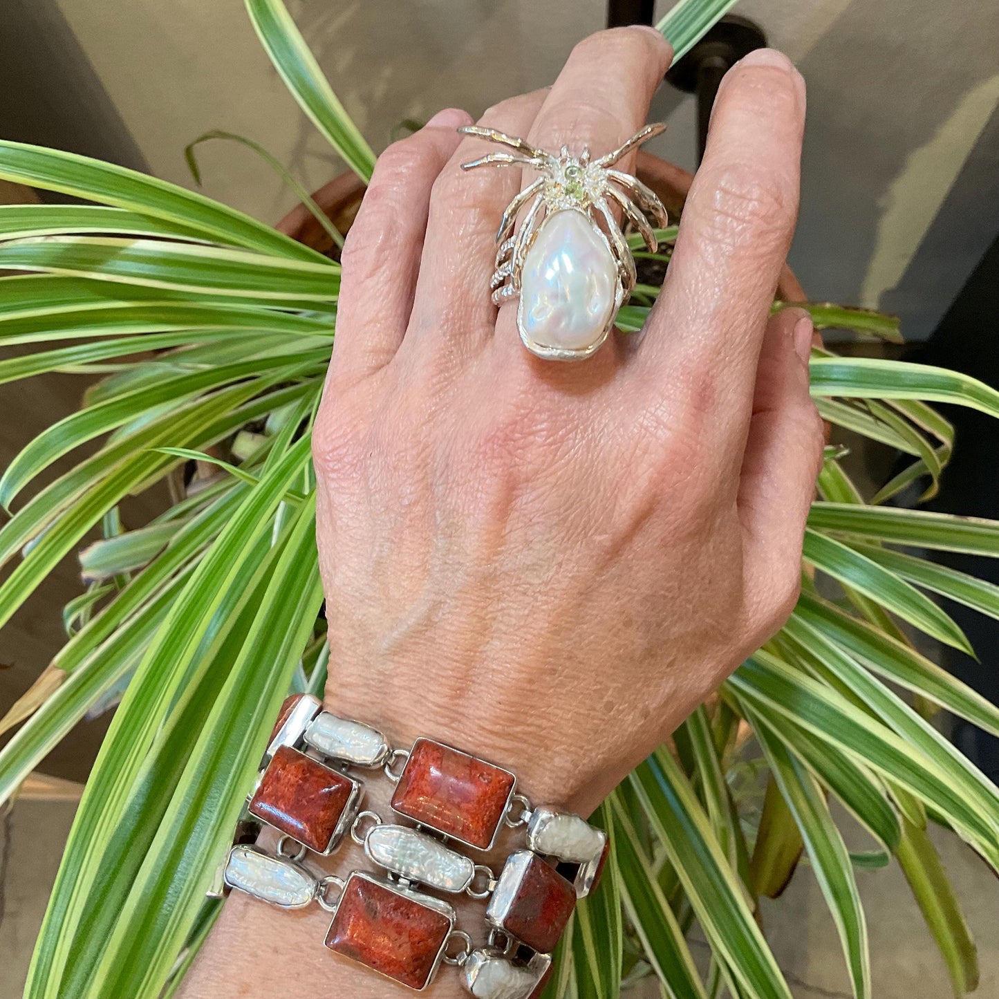 sterling silver statement natural pearl coral Bracelet Colors Of Etnika