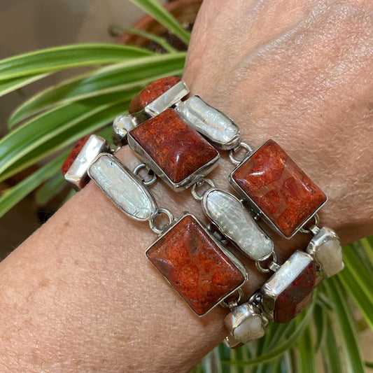 sterling silver statement natural pearl coral Bracelet