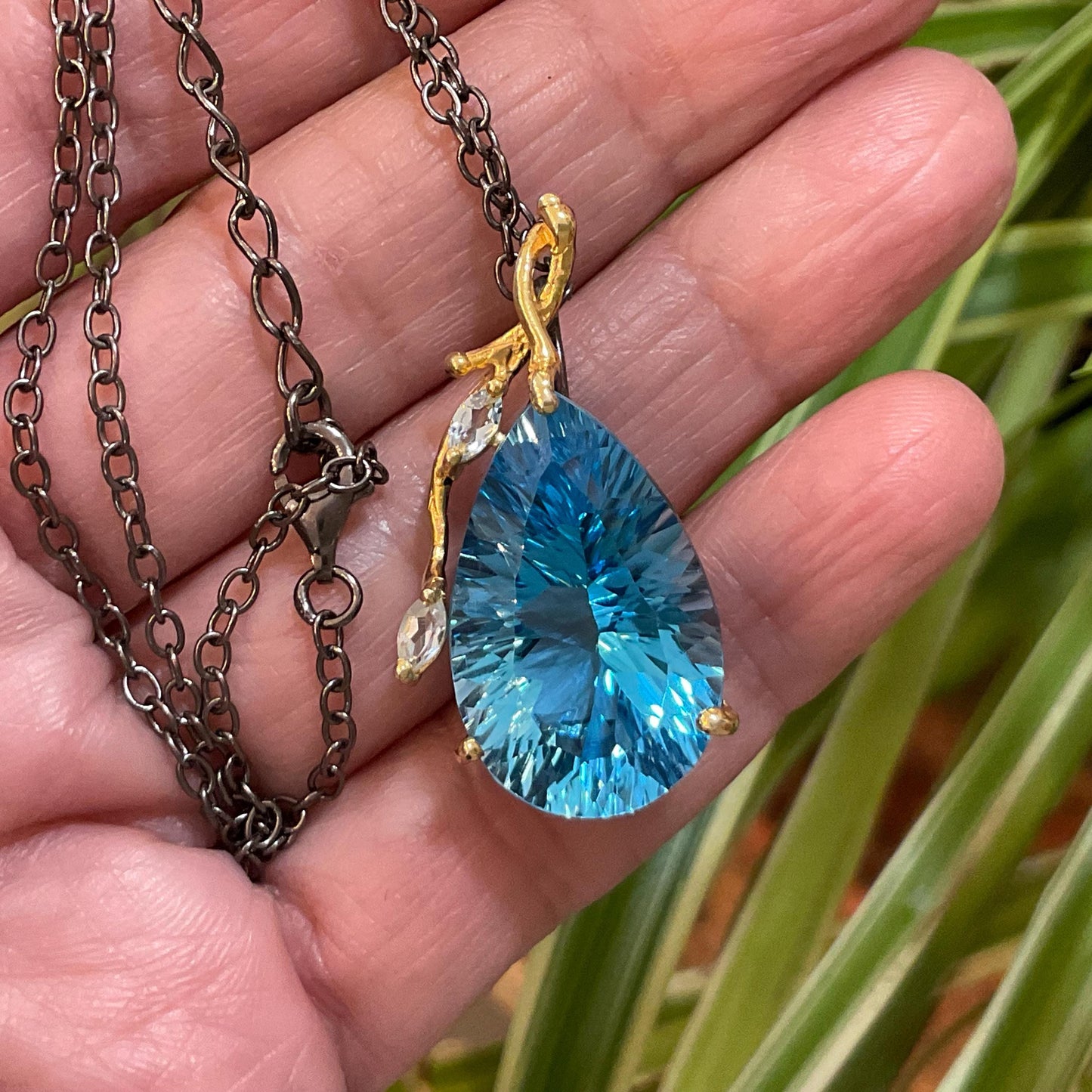 Sterling silver large blue topaz pear shape pendant with necklace Colors Of Etnika