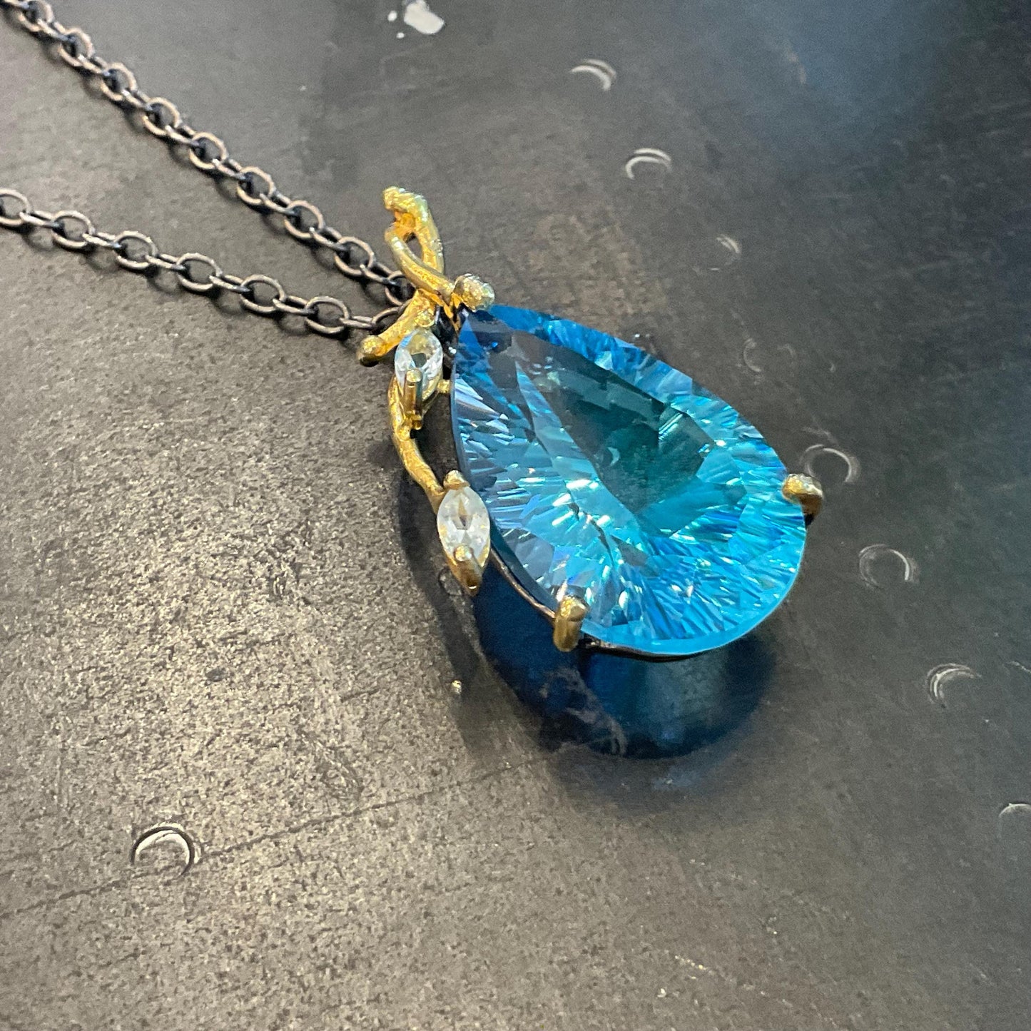 Sterling silver large blue topaz pear shape pendant with necklace Colors Of Etnika