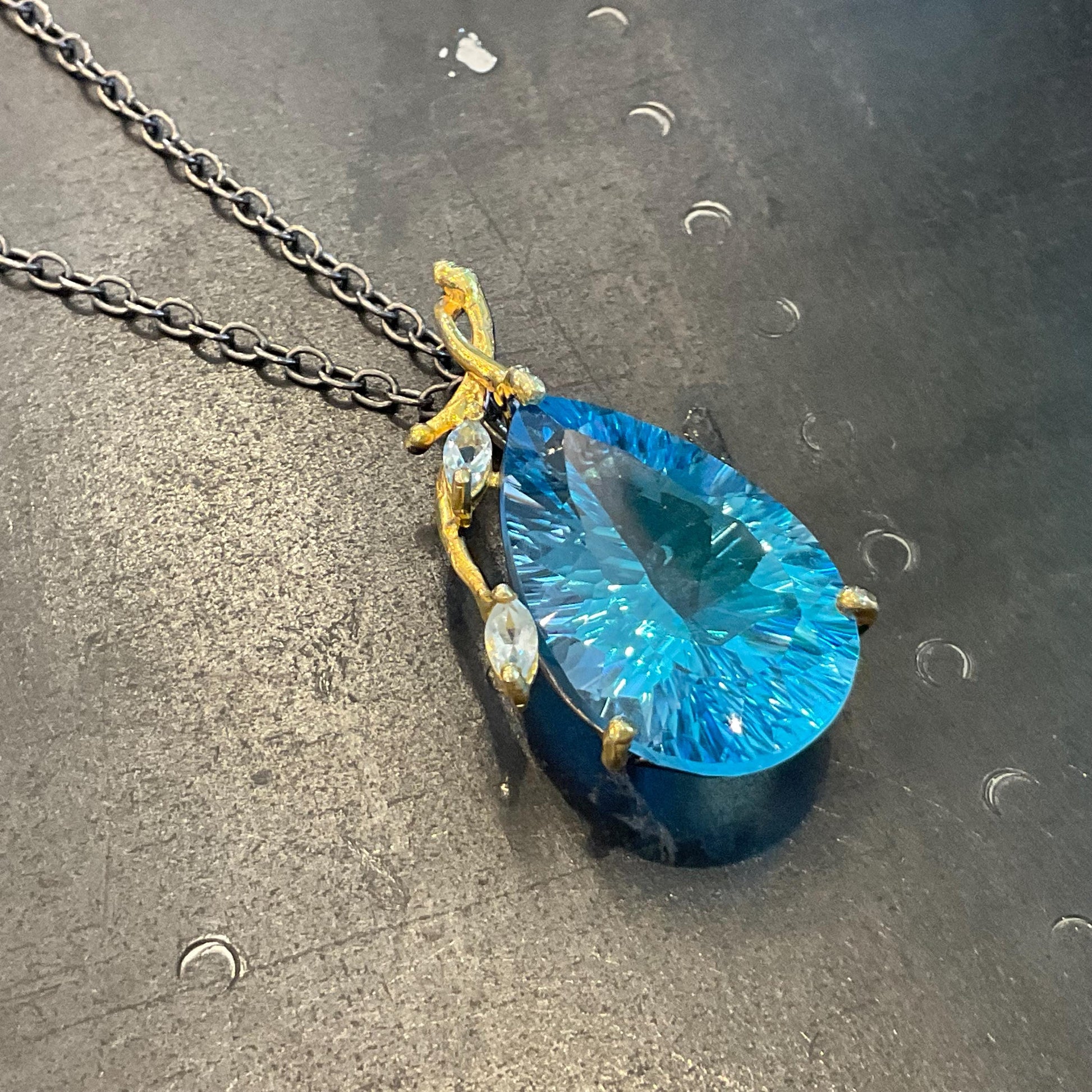 Sterling silver large blue topaz pear shape pendant with necklace Colors Of Etnika